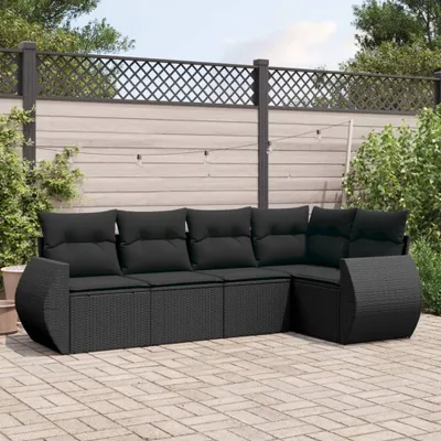 Produktbild von Design 5-tlg. Garten-Sofagarnitur mit Kissen Schwarz Poly Rattan, Gartenmöbel-Sets 2024 Neu