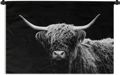 Produktbild von MuchoWow® Wandteppich Wandbehang Schottischer Highlander - Kuh - Schwarz - Weiß - Tiere 60x40 cm Tapisserie Dekoration Wandtuch - Wanddekorationen