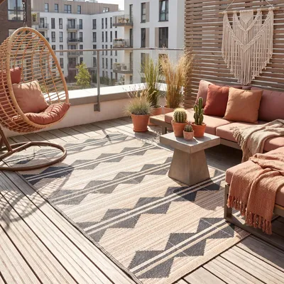 Produktbild von Outdoor Teppich 150x200 cm - Schnell Trocknend - Wetterfest - UV-beständig & pflegeleicht -Zum Garten Balkon Terrasse - Geometrisches Beige