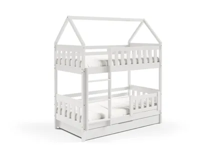 Produktbild von Masseno Etagenbett ELENA 80x160 cm mit Schublade, Rausfallschutz, Kinderbett mit Leiter für Mädchen und Jungs, Stockbett 2 Kinder, Hausbett für Kinder, Holz, Weiß