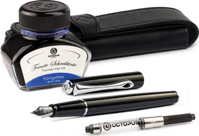 Zdjęcie produktu dla Zestaw do napełniania Diplomat Traveller w kolorze czarnym z etui skórzanym, atramentem do pisania i konwerterem, grubość M