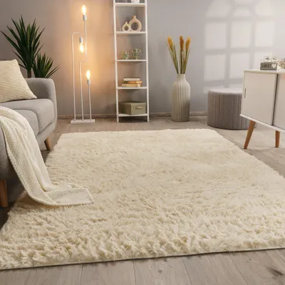 A fluffy cream rug is laid out on a wooden floor in a living room setting, with a sofa, a bookshelf, and a cabinet visible.