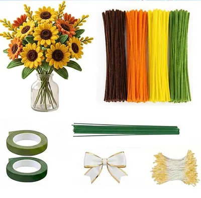 Produktbild von Pfeifenreiniger Blumen Bastelset 400 Stück - Chenilledraht DIY Set für Sonnenblumen - 10 Blumenstiele & grünes Blumenklebeband - für DIY Dekoration