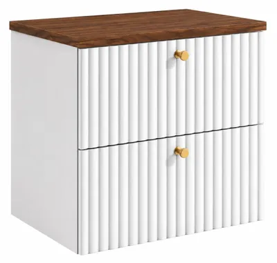 Obrázek produktu pro Závěsná skříňka do koupelny s deskou o rozměrech 60 cm, bílá + deska z ořechového dřeva, úchytky ve třech barvách, rozměry 60 x 44,4 x 58,6 cm, Obrázek vytvořený pomocí AI
