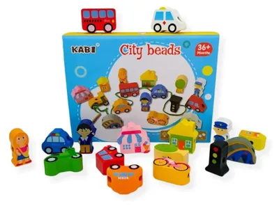 Produktbild von Kabi Holz-Fädelspiel Stadt – 17 Teile (Fahrzeuge, Gebäude, Figuren, 6 Farben, natürliches Holz, CE & EN-71 ) – Montessori-Spielzeug ab 3 Jahren