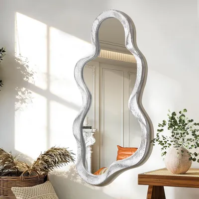 Image de Miroir mural asymétrique, cadre en bois irrégulier, forme de nuage, blanc, 90x50 cm