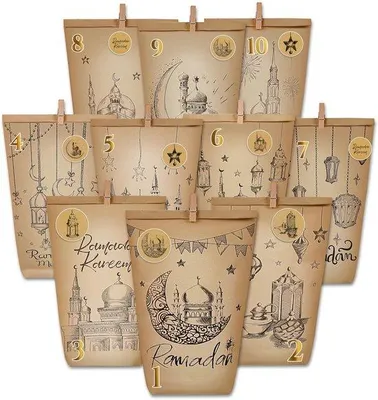 Obrázek produktu pro Ramadánový adventní kalendář, 30 kusů - Dárkové sáčky - Samolepky s čísly 1-30 - Dřevěné sponky - Jutový provázek - Elegantní vzory