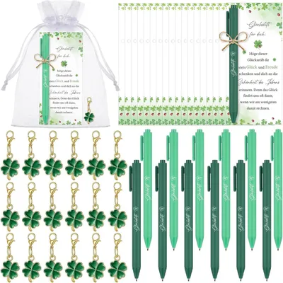 Productafbeelding van Sets gelukspennen als cadeau gelukshangertjes balpen - Set van 18 - Klaver Sleutelhangers Boekhoudkaartjes Cadeautasjes