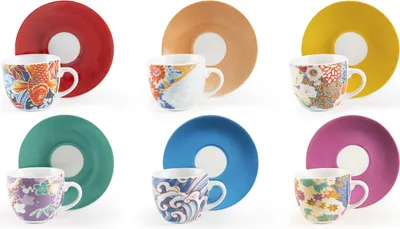 Zdjęcie produktu dla Excelsa zestaw 6 filiżanek do espresso ze spodkami Kimono porcelana 9 cl kolorowa
