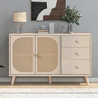 Produktbild von Flieks Komoda se 3 zásuvkami a 2 dvířky, ratanové skříňky do obývacího pokoje Stojací skříňka TV stolek 120x40x82,5 cm