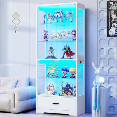 Produktbild von BROTTAR 71" Glasvitrine Weiß mit LED-Beleuchtung, Bewegungssensor, Schublade und 5 verstellbaren Glasböden, Weiß