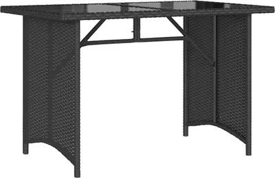 A black poly rattan garden table with a glass top, shown from the front on a white background.