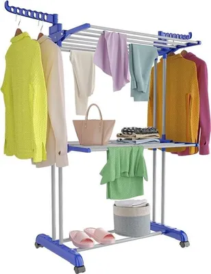 Produktbild von Wäscheständer mit Rollen, multifunktionaler Wäscheständer mit 3 Ebenen, Turm, faltbar, kleiner Wäscheständer, platzsparend mit Flügeln, Wäscheturm für den Innen- und Außenbereich (blau und grau)