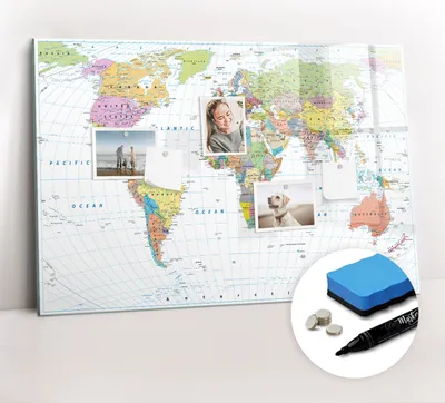 Produktbild von Magnetpinnwand Memoboard - Zubehörsatz - Schwarzer Marker + Schwamm + Magnete - 90 x 60 cm - Politische Weltkarte