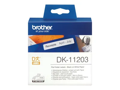 Produktbild von Brother DK-11203 - Schwarz auf Weiß - 17 x 87 mm 300 Etikett(en) (1 Rolle(n) x 300) Aktenetiketten - für Brother QL-1050, 1060, 1110, 500, 550, 560, 570, 580, 600, 650, 700, 710, 720, 820
