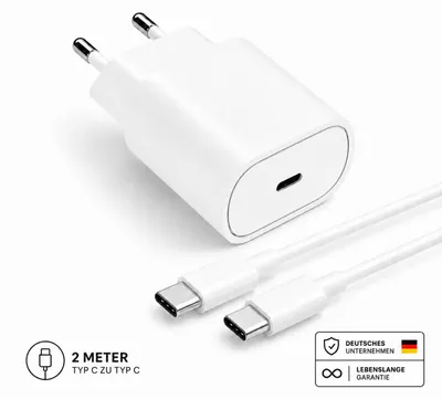 Produktbild von Schnellladegerät Netzteil USB-C Universal 25W mit Ladekabel – Für iPhone, Samsung , etc. – Weiß / Typ C 2 Meter