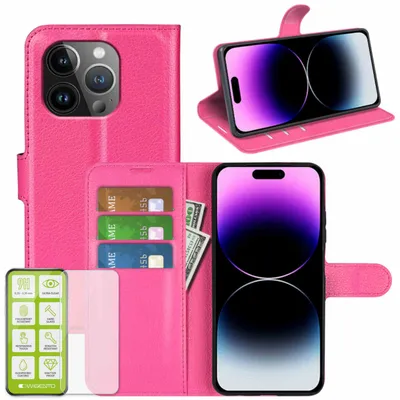 Immagine prodotto di Per Apple iPhone 15 Pro Max Custodia del telefono cellulare Rosa Custodia in pelle artificiale + H9 Vetro temperato