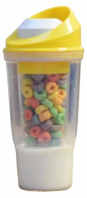 Produktbild von Doppelwandiger, auslaufsicherer Frühstücksbecher mit separaten Fächern für Milch und Müsli – ideal für ein schnelles Frühstück.