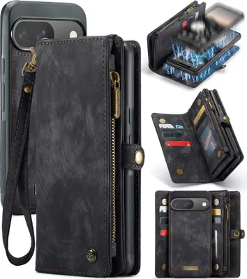 Produktbild von Schutzhülle für Google Pixel 10 / Pixel 10 Pro, Vintage Multifunktions Lederhülle, Kartenfächer, Reißverschluss Hülle Schwarz