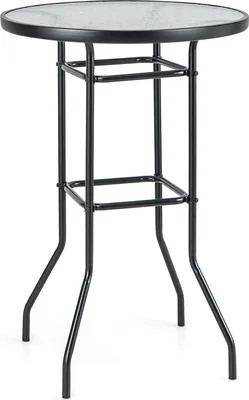 A high-top round table with a glass top and black metal legs, shown against a white background.