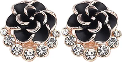Produktbild von Frauen Pfingstrose Kamelie Blume Strass Legierung Ohrstecker Ohrringe Party Schmuck-Schwarz