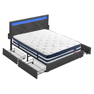 Produktbild von VASAGLE Polsterbett mit LED und 7-Zonen Taschenfederkernmatratze Set, 4 Schubladen, USB, 140 x 200 cm, Grau/Blau
