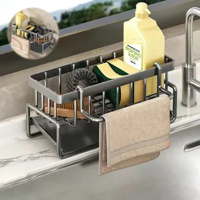 Obrázek produktu pro Šedý organizér do dřezu se samovyprazdňovací vaničkou, držák na houbičky, organizér do kuchyňského dřezu, držák na utěrky, organizér do myčky, deska nad dřezem