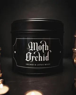 Produktbild von Nachtfalterorchidee Gothic Duftkerze in schwarzer Metalldose