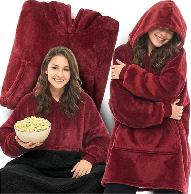 A collage of a girl wearing a red hoodie blanket and holding a bowl of popcorn, and a folded red hoodie blanket.