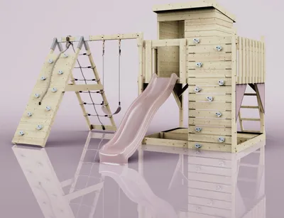 Produktbild von OutdoorToys Spielturm Freja aus Holz in Rosa Altrosa, mit Kinderschaukel