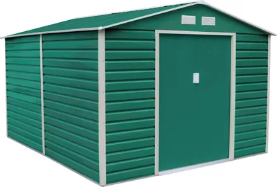 A green metal garden shed with a white trim and a double door.