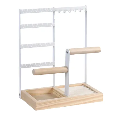 Produktbild von Multi-Tier-Schmuck Organizer Ständer mit Holzschalen stabile Struktur Halsketten Ohrringe Armbänder Ringe 48 Ohrringlöcher 6 Halskettenregale-Weiß