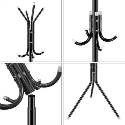 Obrázok produktu pre Stojan na oblečenie Unyqoos®, samostatný, kovový s práškovou povrchovou úpravou, čierny, 12 háčikov, 49 x 176 cm, nosnosť 25 kg, stabilný – vhodný na kabáty, klobúky, tašky, do chodby/kancelárie/spálne
