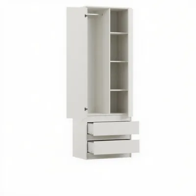 A white wardrobe with one door open, revealing shelves and a hanging rod. It also has two drawers at the bottom, both open.