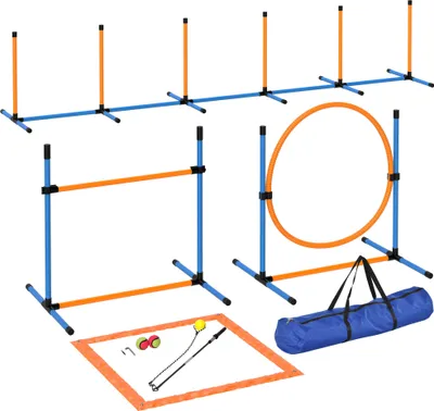 Produktbild von PawHut Agility Set Hunde 7-teilig Agility-Ausrüstung für Hundetraining Steckhürdenset mit Slalomstangen Sprunghoop 2 Bälle höhenverstellbar Hürden Koordinationstraining für Spiele Training
