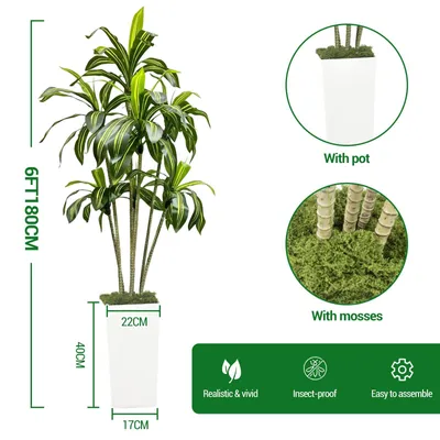 Zdjęcie produktu dla Sztuczna dracena – roślina stojąca 180 cm – wykonana ręcznie, bardzo realistyczna – biała doniczka – do wnętrz – z tworzywa sztucznego