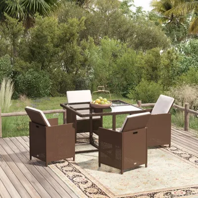 Image de The Living Store Ensemble de jardin 5 pièces avec coussins Poly Rattan Brun