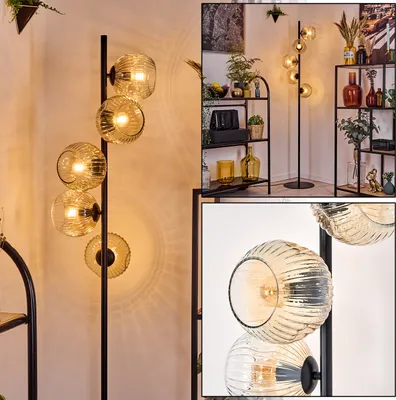 Produktbild von Villamare Stehlampe aus Metall/Riffelglas in Schwarz/Bernsteinfarben/Klar