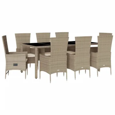 Produktbild von 9-tlg. Garten-Essgruppe mit Kissen Beige Poly Rattan