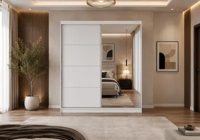 Produktbild von Schwebetürenschrank OLA 35 203 cm Weiß mit Spiegel, Kleiderschrank Schlafzimmer, 2 Türen, 3 Schubladen