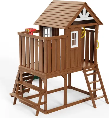 Image de SucceBuy Maison de jeu en bois pour l'extérieur, maison de jeu moderne en bois de cèdre avec fenêtres, toboggan, échelle, mur d'escalade, banc et table de pique-nique, amusant pour les enfants de 2 à 8 ans