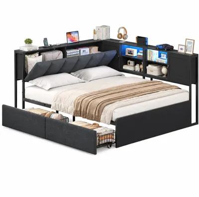 Image de Canapé-lit rembourré AODEMOKO, lit pour adolescents avec éclairage LED et station de charge, canapé convertible avec 2 tiroirs, commode avec portes coulissantes, dimensions 140x200 cm