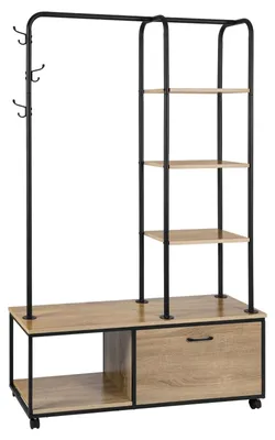 Obrázek produktu pro Stojan na oblečení – volně stojící věšák – 5 polic – police na boty – 3 háčky – tyč na oblečení – rozměry 110 x 160 x 37,5 cm – černá barva