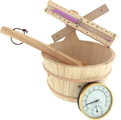 Produktbild von Dewello Saunaeimer Kelle Thermometer Sanduhr, Lieferumfang:Eimer&Kelle&Sanduhr&Thermometer