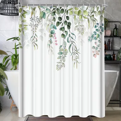 Produktbild von Duschvorhang 240x180 cm, grüne Blätter, schimmelresistentes Gewebe, beschwerter Saum, wasserabweisend, waschbarer Polyester-Badevorhang mit 16 Ringen und Ösen für Badezimmer und Badewanne.