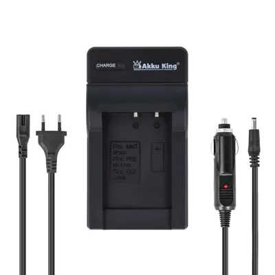 Produktbild von 2in1 KFZ + Netz Ladegerät kompatibel mit Konica Minolta Akku NP-900,  für Prakticar, für Jenoptik, für Olympus