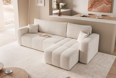 Ecksofa mit Schlaffunktion PEDRO mit L-förmigen Steppungen Wohnzimmer Beige Universal Couch mit Kissen Bettcouch Farbe: Manila 01