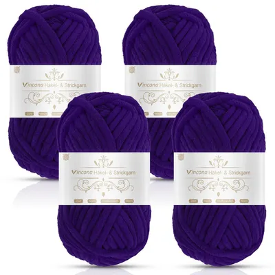 Image de Fil chenille super épais, 4 pelotes de 100g, couleur violet foncé, diamètre 7 mm, composition : polyester