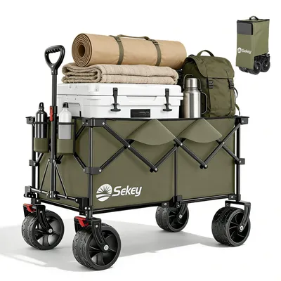 Produktbild von Sekey XXL Plus Bollerwagen Faltbar mit Extra Breite Räder, Faltbollerwagen belastbar 200kg Handwagen Klappbar Transportwagen, Olivgrün