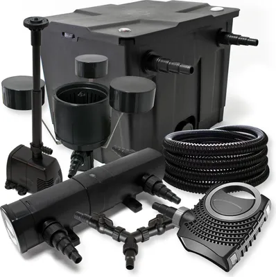 Obrázok produktu pre SunSun kompletná sada: CBF-350 jazierkový filter do 12000 l, CTF-8000 jazierkové čerpadlo 8000 l/h 70 W, CUV-218 jazierkový odkalovač 18 W, 25 m jazierková hadica 25 mm, CSP-250 skimmer 2500 l/h, HJ-943 fontána 800 l/h, Y-rozdeľovač